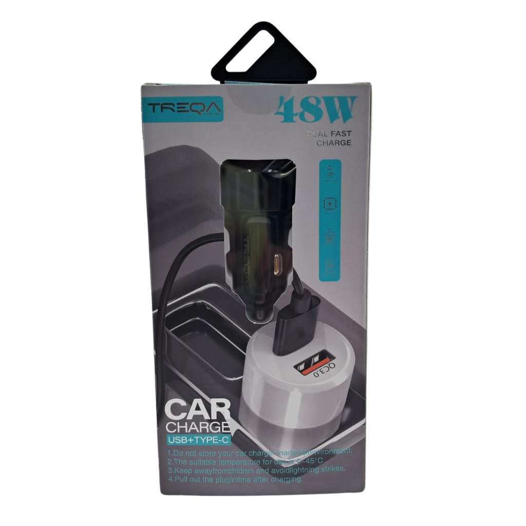 CARGADOR PARA AUTO ENTRADA C Y USB 48W MODELO CC327 MARCA TREQA