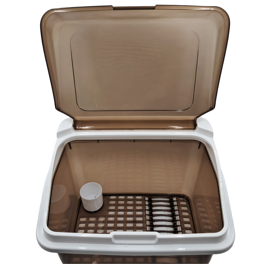 ESCURRIDOR DE PLASTICO AMBAR TRANSPARENTE CON TAPA 46.5x37x35.5cm
