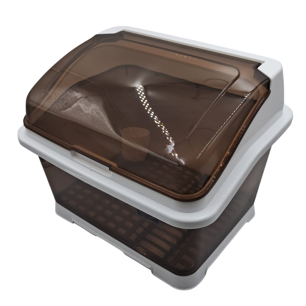 ESCURRIDOR DE PLASTICO AMBAR TRANSPARENTE CON TAPA 46.5x37x35.5cm