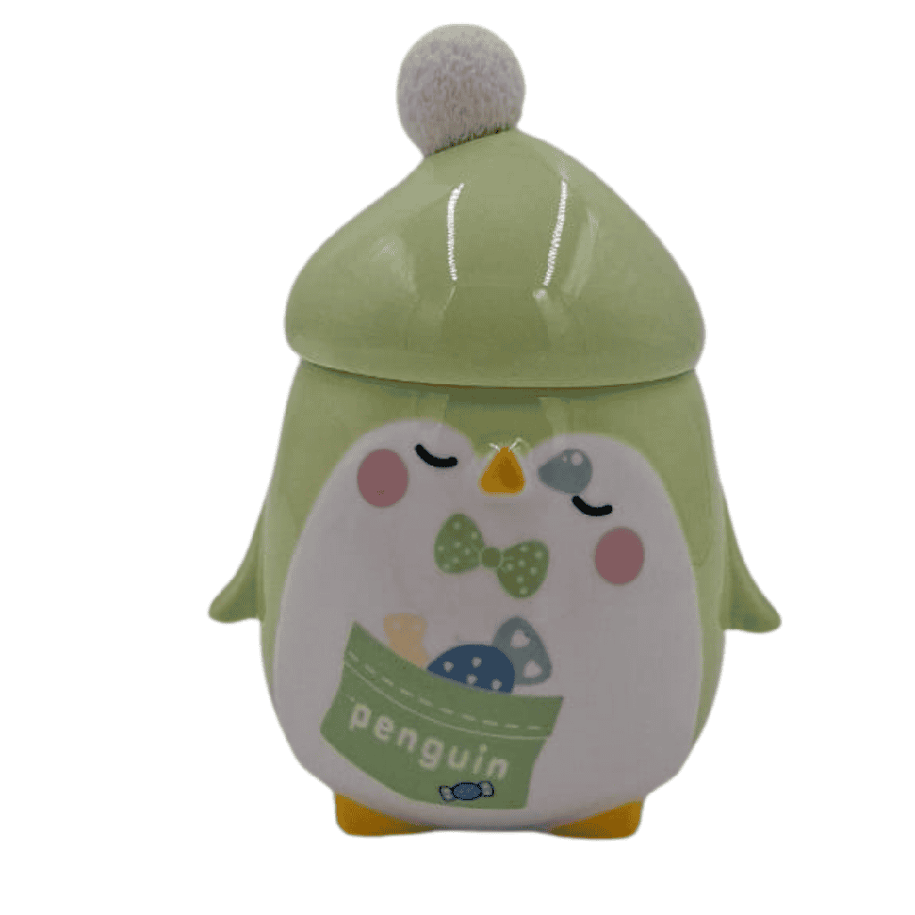 TAZA CON TAPA PINGUINO 14 X 12 CM