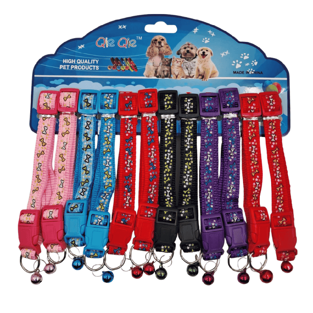 COLLAR PARA MASCOTAS MODELO HUESOS 1.5 X 40 CM DE PLASTICO COLORES VARIOS