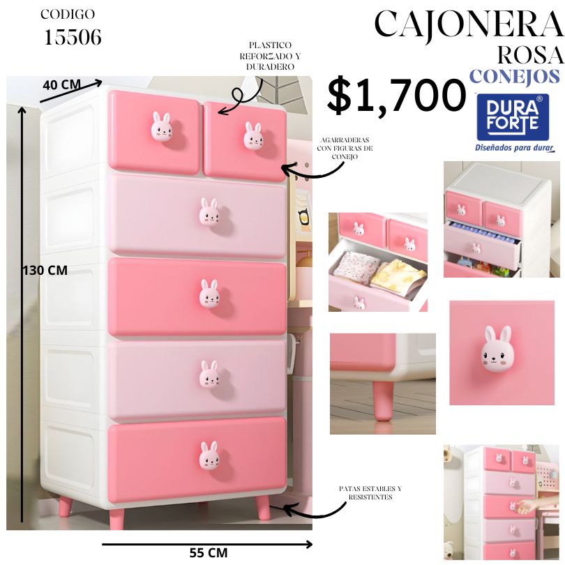 CAJONERA ROSA CON BOTONES DE CONEJOS