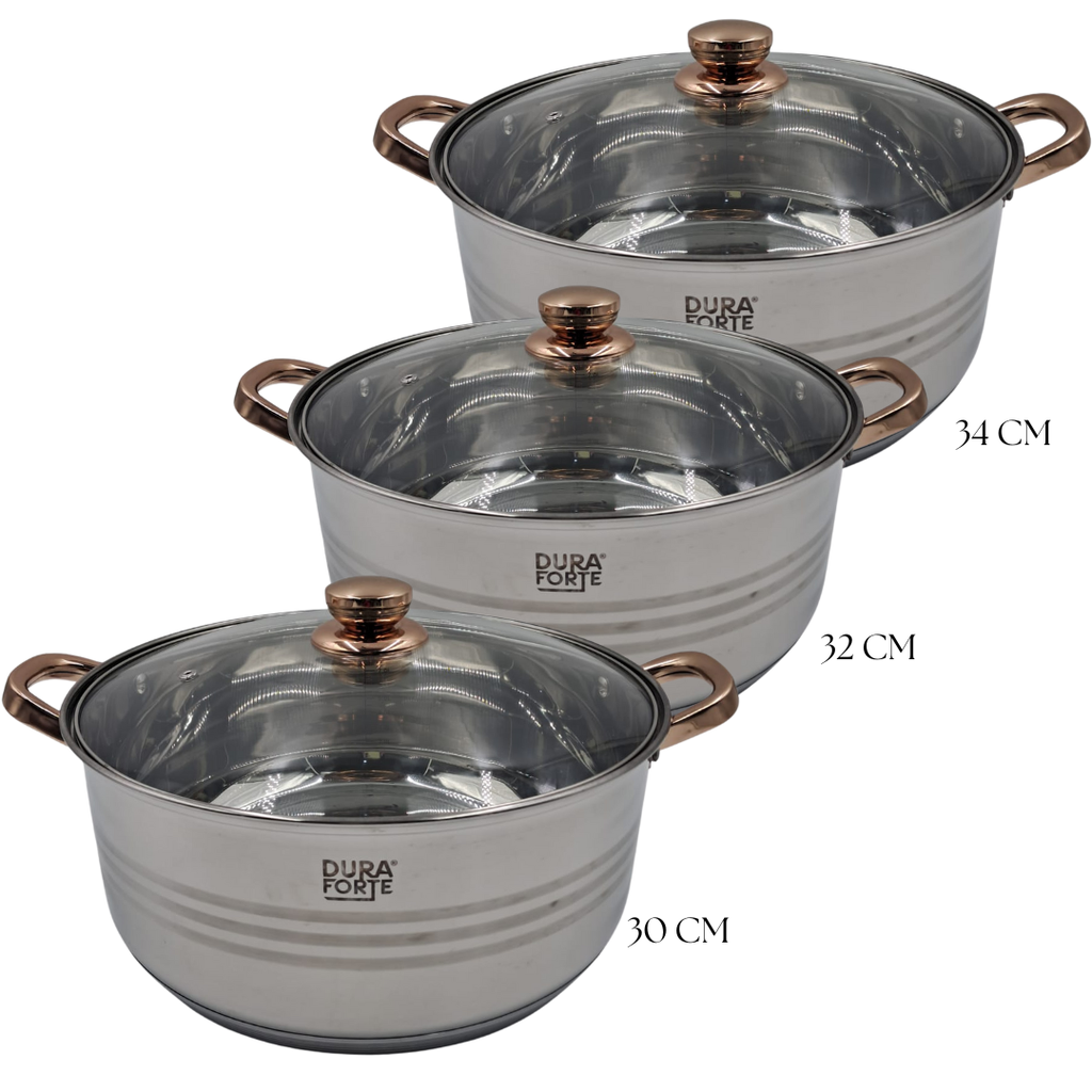 JUEGO  MEGA COOKWARE DE 3 CACEROLAS DE ACERO INOXIDABLE 30/32/34 CM
