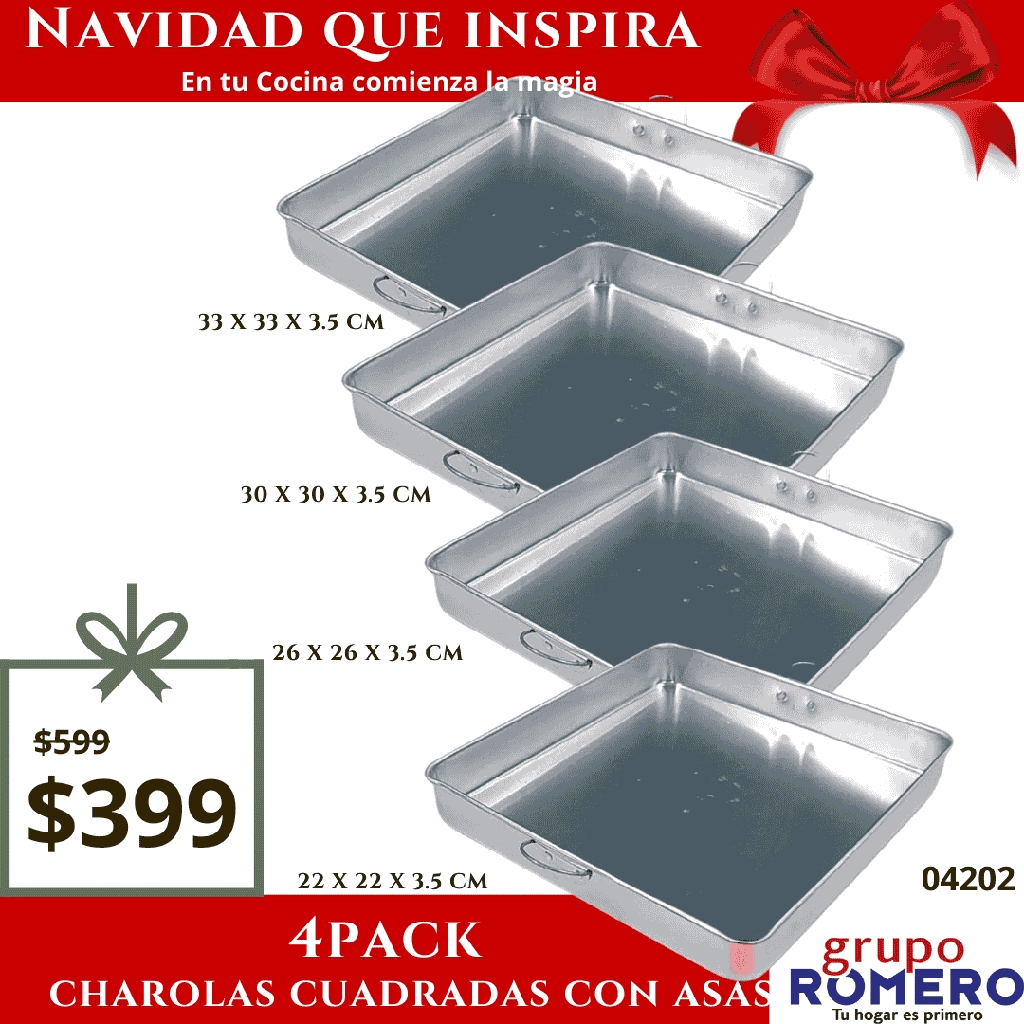 4PACK CHAROLAS CUADRADAS CON ASAS