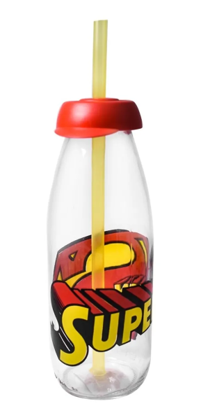 [1733-33] BOTELLA DE LECHE CON TAPA Y POPOTE SUPERMAN, BATMAN